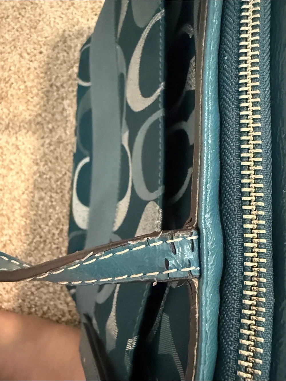 COACH factory F20429 Signature Sateen Tote Shoulder Bag in Teal Blue Metallic